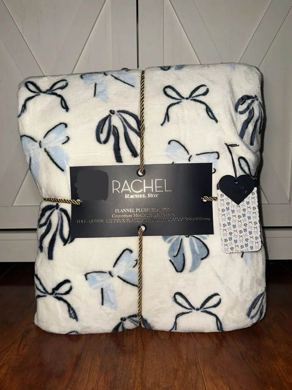 Rachel Roy Blue and Navy Bow Print Plush Queen Throw Blanket